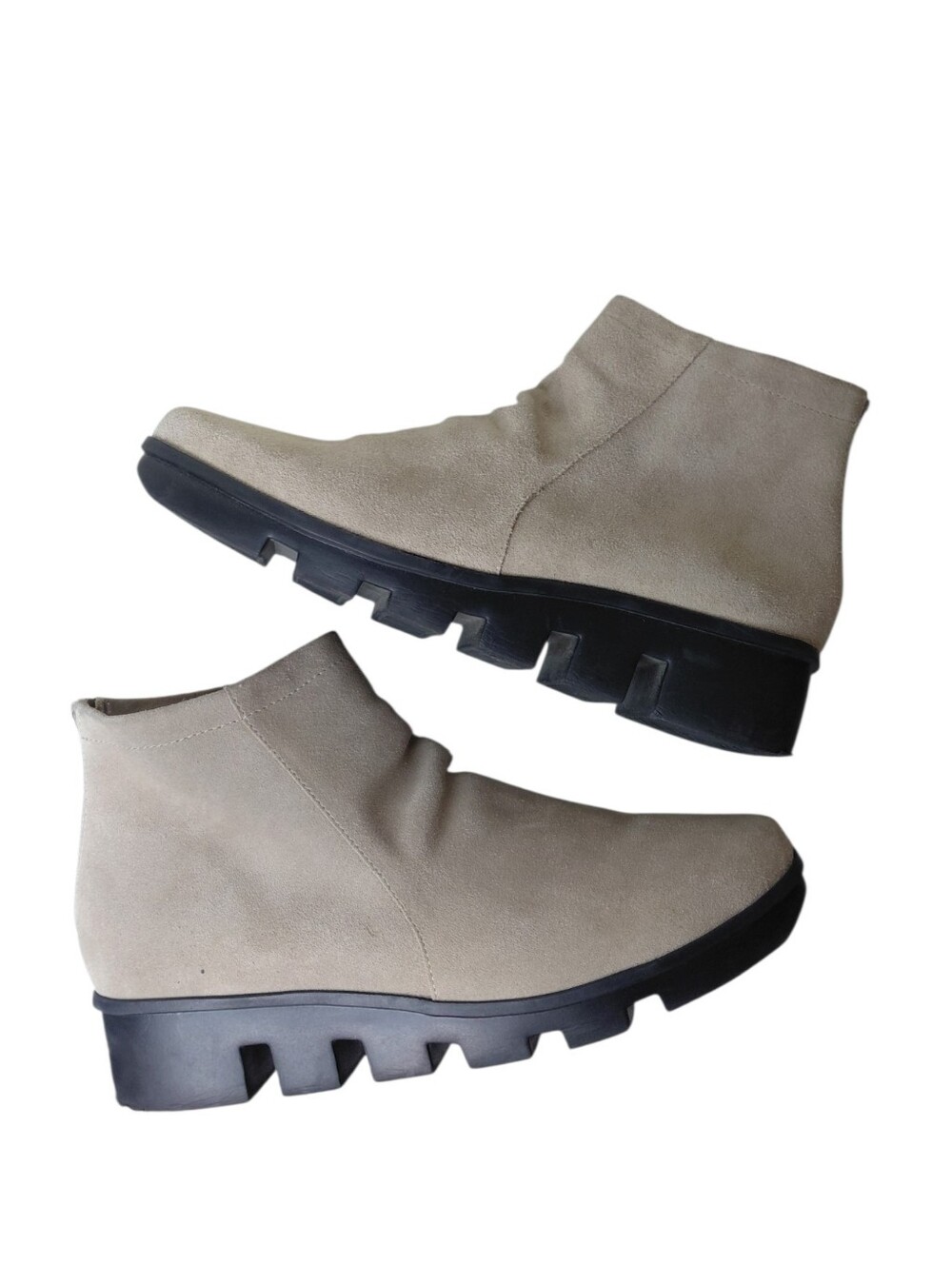 Women's Beige Suede Ankle Booties with Black Lug Sole Size 10
